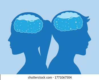 Silhouette people with Water inside of the brain isolated on blue background. Concept Illustration about drink water helps the brain cell work better.