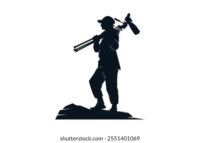 Silhouette of people wearing cap watching bird with telescope, solid color illustration