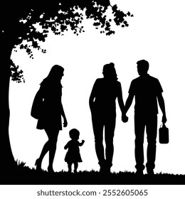 Silhouette of People, women, lady - Design of children, daughter, son - Silhouette of person - Silhouette of parents, father, mother - Silhouette of family, parents and kids walking and having fun