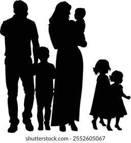 Silhouette of People, women, lady - Design of children, daughter, son - Silhouette of person - Silhouette of parents, father, mother - Silhouette of family, parents and kids walking and having fun