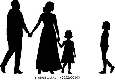 Silhouette of People, women, lady - Design of children, daughter, son - Silhouette of person - Silhouette of parents, father, mother - Silhouette of family, parents and kids walking and having fun