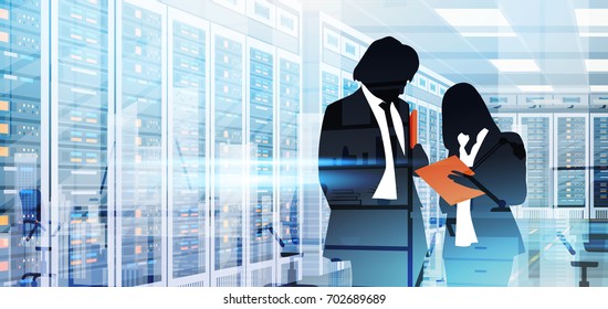 Silhouette People Working In Data Center Room Hosting Server Computer Information Database Flat Vector Illustration