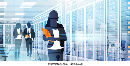 Silhouette People Working In Data Center Room Hosting Server Computer Information Database Flat Vector Illustration