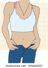 Silhouette of a perfect female body. Sports figure. Close-up of torso, arms, chest, waist and hips. Short tank top and unbuttoned jeans. Motivation for proper lifestyle. Vector flat illustration