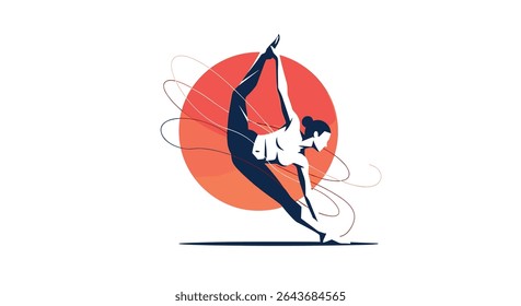 Uma silhueta realizando um exercício de ginástica difícil com um pano de fundo de um círculo vermelho-laranja