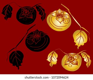 Silhouette persimmon fruit isolate on white background.Japanese fruit hand drawn and vector.