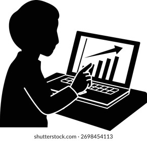 Silhouette of a person analyzing data by pointing at a graph on a computer screen