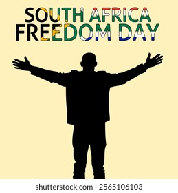 Silhouette of a person with arms outstretched against a South African flag background, celebrating Freedom Day