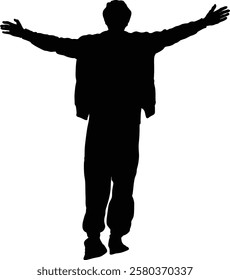 Silhouette of a person with arms outstretched, expressing joy or welcome.