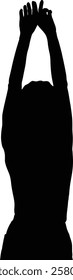 Silhouette of a person with arms raised, hands clasped above head. Simple, elegant design.