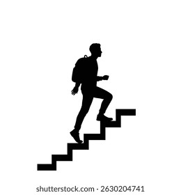Silhouette of a person with a backpack climbing up a staircase on white background