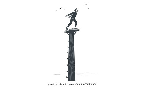 A silhouette of a person balancing on a small platform at the peak of a high vertical pillar