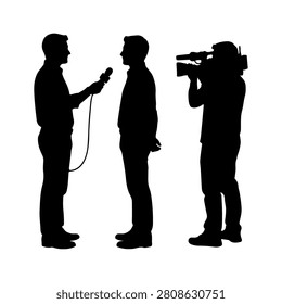 Silhouette of a person being interviewed by a reporter with a microphone, with a cameraman filming the scene, against a plain background.