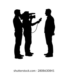 Silhouette of a person being interviewed by a journalist holding a microphone and camera, emphasizing media and communication.