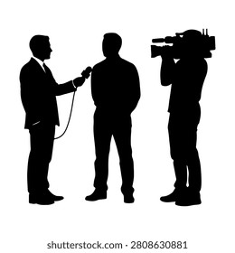 Silhouette of a person being interviewed by a journalist with a camera operator recording the scene, all in black and white.