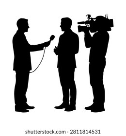 Silhouette of a person being interviewed by a reporter with a microphone, while a cameraman films the scene, all in black and white.
