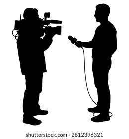 Silhouette of a person being interviewed by a cameraman holding a camera, capturing a media interview scene in black and white.