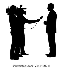 Silhouette of a person being interviewed by a reporter with a microphone, capturing a professional interview setting.