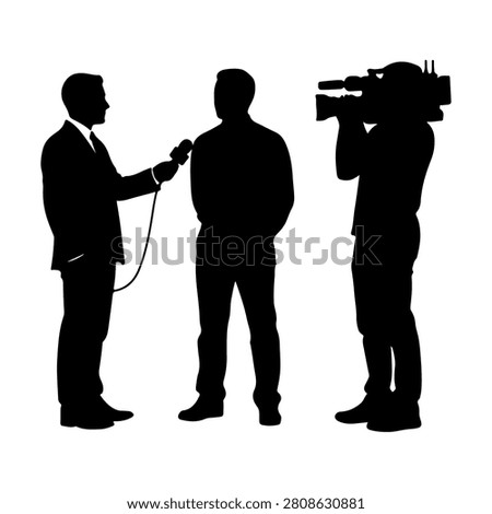 Silhouette of a person being interviewed by a journalist with a camera operator recording the scene, all in black and white.