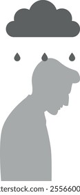 A silhouette of a person with a bowed head, with a dark cloud and three raindrops above, symbolizing sadness or burden.