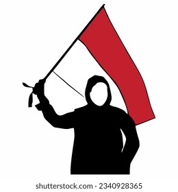 silhouette of a person carrying a red and white flag