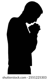 A silhouette of a person clasping hands near their face in a praying position, reflecting devotion or meditation