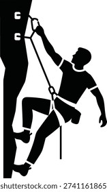 Silhouette Person climbing rope using handholds on vertical climbing wall