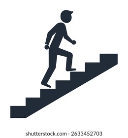 Silhouette of a person climbing stairs, symbolizing progress, growth, motivation, and career development in a minimal flat design icon