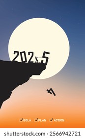 Silhouette of a person climbing towards the year 2025, symbolizing goals, planning, and action for achieving business success and future milestones