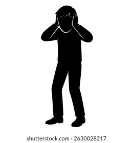 Silhouette of person covering ears noise frustration stress anxiety mental health awareness graphic design vector
