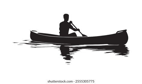 Silhouette of person cruising on lake with canoe. Art Illustration