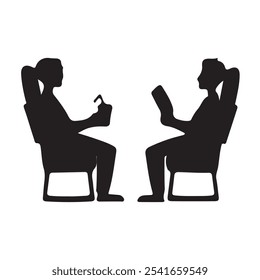silhueta de uma pessoa com uma xícara de café. silhueta de uma pessoa sentada em uma cadeira. um casal lendo um livro na frente de um fundo branco.