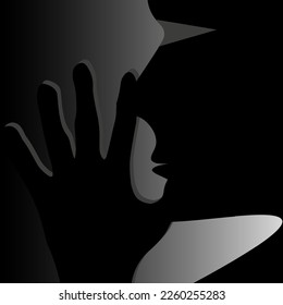 The silhouette of a person in the dark with his hands raised in front of his face. An abstraction with a man who prays. The thinker is Rodin. An antique head with a Greek profile.