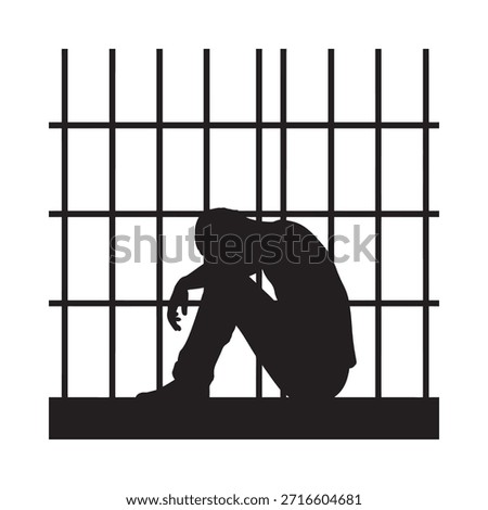 Silhouette of a person in despair seated within the confines of a barred cage