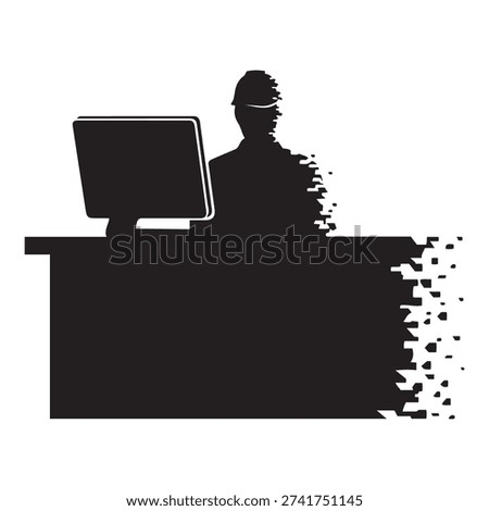 Silhouette of a person disintegrating at a desk with a computer, symbolizing data loss, digital breakdown, or burnout.