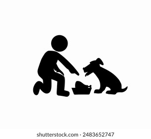 Silhouette of a person with a dog, Man feeding the dog isolated on white background, vector illustration