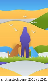 Silhouette of person with dogs landscape scene colorful hills sky seagulls paper cut style