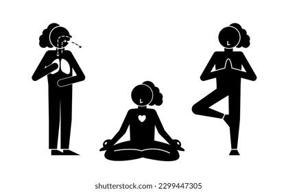 Silhouette of a person doing yoga, meditate and breathing exercise. Healthy lifestyle concept in flat vector illustration.