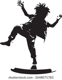 A silhouette of a person with dreadlocks balancing on a hoverboard type device on a white background image
