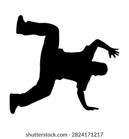 Silhouette of a person executing a breakdance move, captured in mid-air with an energetic pose, emphasizing movement and athleticism.