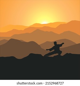 Silhouette de una persona haciendo qigong en la montaña. Elemento de diseño, concepto de vida saludable. Logotipo deportivo, de bienestar. pose tai chi. 
