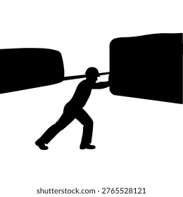 A silhouette of a person exerting effort to push two large, dark objects away from each other.