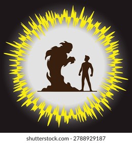 Silhouette of a person facing a rising shadow monster or djinn entity inside a glowing golden light portal on a black background, representing fear, inner demons, psychological struggle, or a magical fantasy encounter