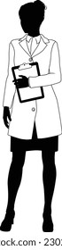 Silhouette person female scientist, engineer or professor woman in lab coat. Holding clipboard checklist, maybe doing experiment or surveying. Alternatively chemist, science teacher or pharmacist.