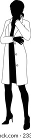 Silhouette person female scientist, engineer or professor woman in a lab coat. Could also be a chemist, science teacher or a pharmacist.