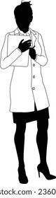 Silhouette person female scientist, engineer or professor woman in lab coat. Holding clipboard checklist, maybe doing experiment or surveying. Alternatively chemist, science teacher or pharmacist.