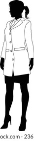 Silhouette person female scientist, engineer or professor woman in a lab coat. Could also be a chemist, science teacher or a pharmacist.