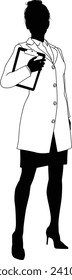 Silhouette person female scientist, engineer or professor woman in lab coat. Holding clipboard checklist, maybe doing experiment or surveying. Alternatively chemist, science teacher or pharmacist.