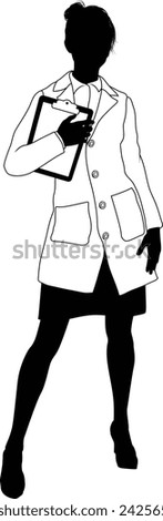 Silhouette person female scientist, engineer or professor woman in lab coat. Holding clipboard checklist, maybe doing experiment or surveying. Alternatively chemist, science teacher or pharmacist.
