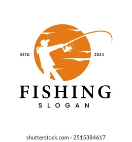 Silhouette of person Fishing with Sunset or Sunrise background, Vintage Vector Logo